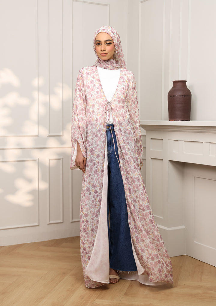 Tie Front Abaya &amp; Shawl Set - Wild Rose