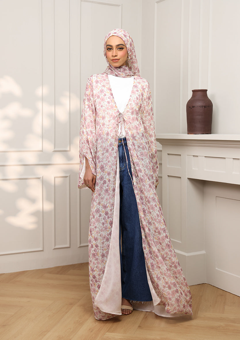 Tie Front Abaya &amp; Shawl Set - Wild Rose