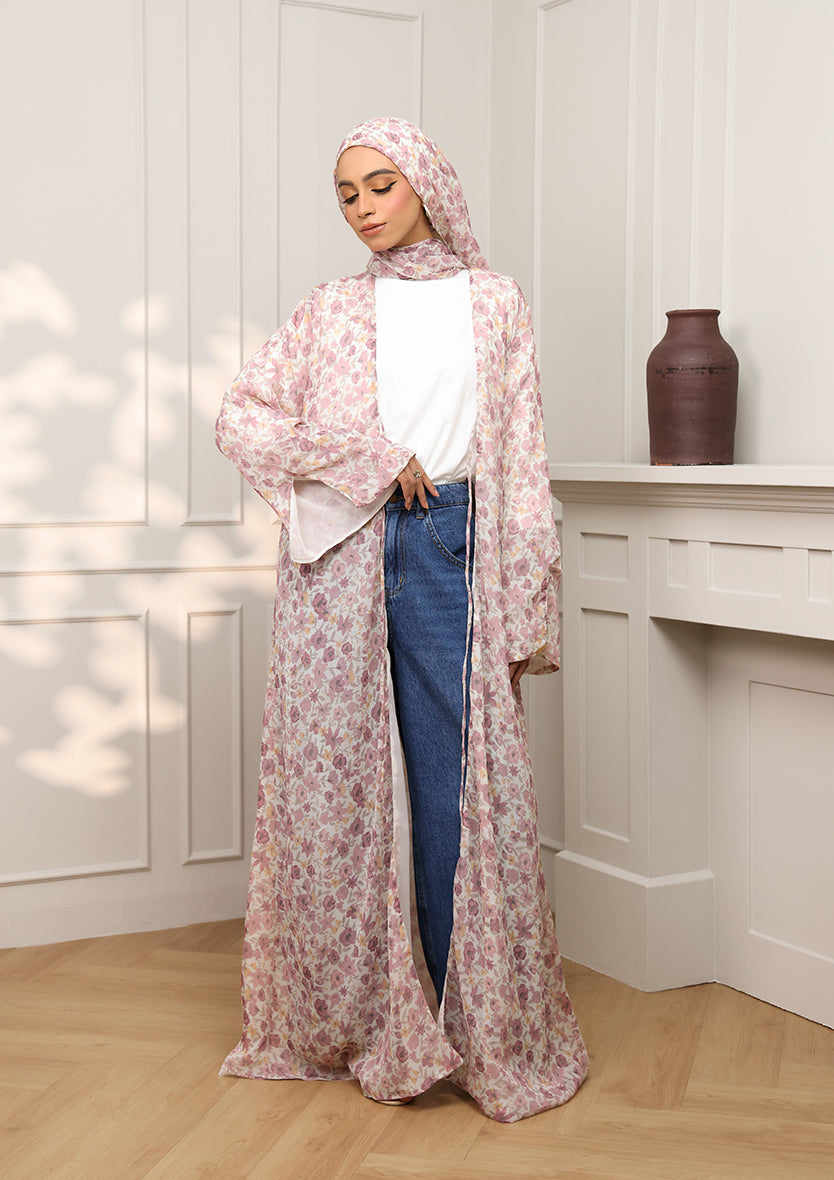 Tie Front Abaya &amp; Shawl Set - Wild Rose