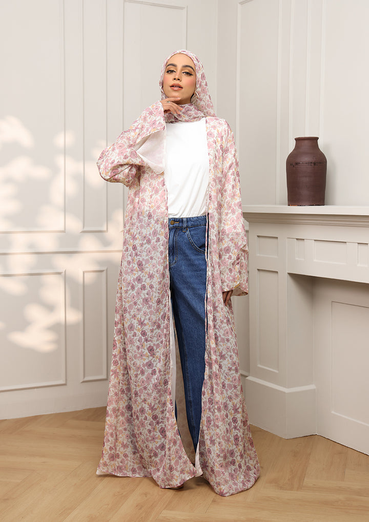 Tie Front Abaya &amp; Shawl Set - Wild Rose