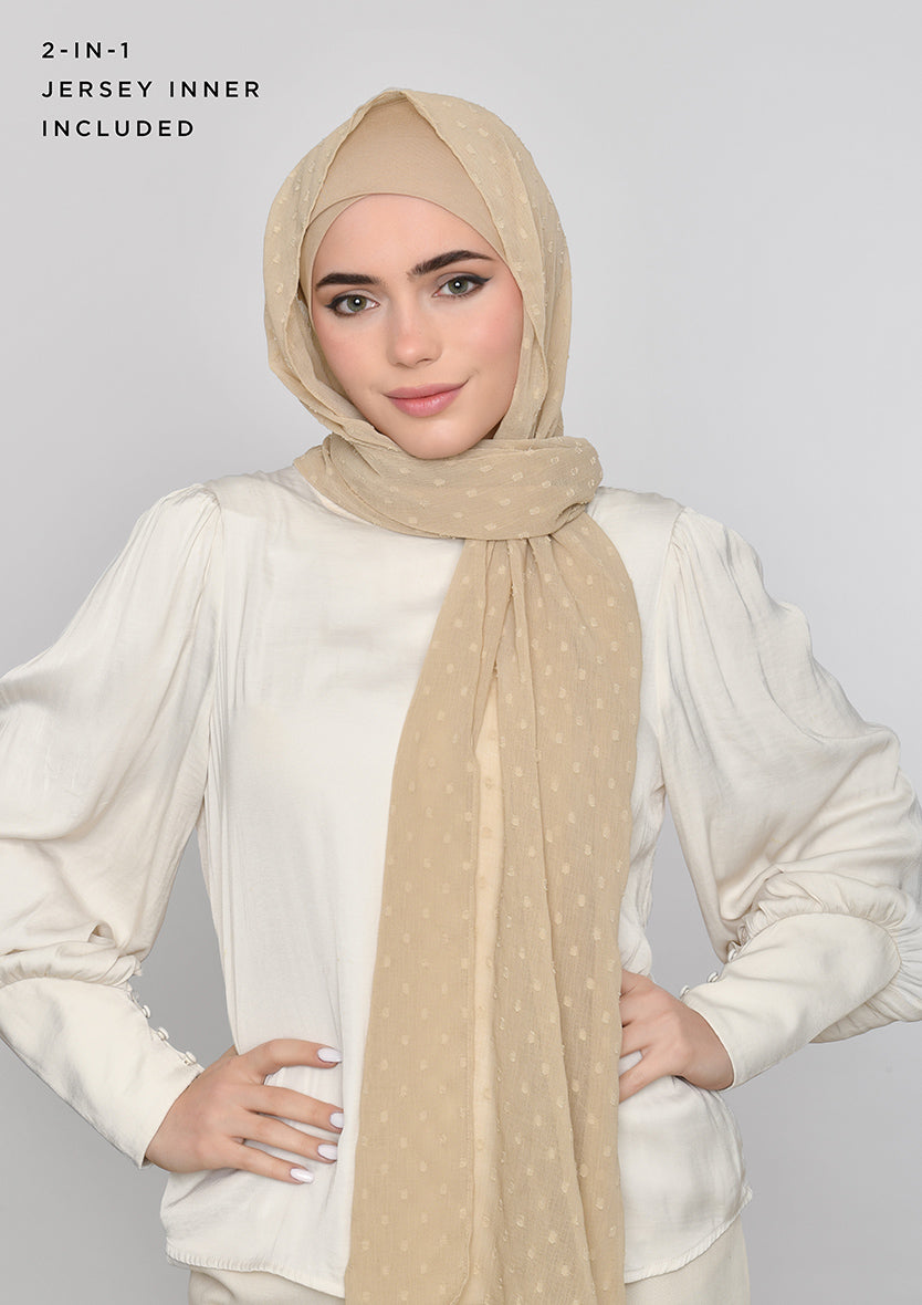 Humus Beige-Classic Shawl Rectangle-Plain Mosaic Butti Chiffon